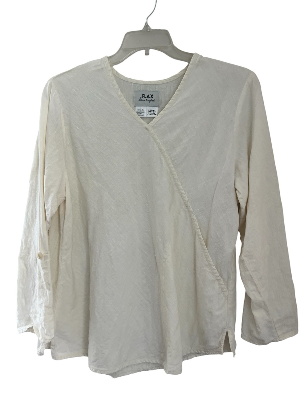 Flax Vintage 100% Linen Shirt Women’s S (6-8) Cream Roll Tab Long Sleeve V-neck